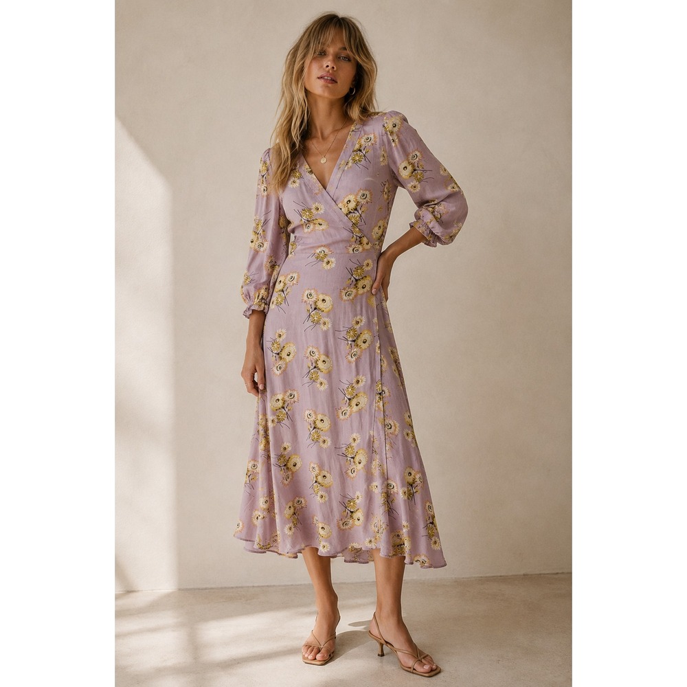 MADEWELL Linen Blend Ruffle Cuff Wrap Dress in Dutch Dandelions Size S Romantic